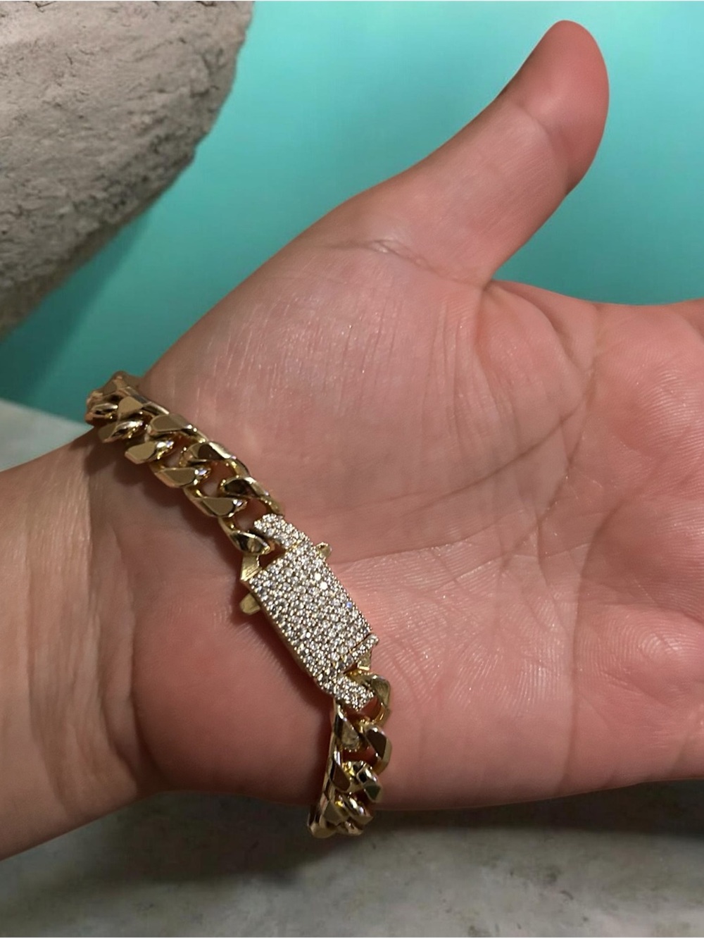 Gold Cuban Link Bracelet with Pave CZ Plate - Women's Jewelry